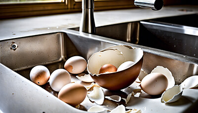 Een verstopte gootsteen door eierschalen